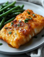 Glazed salmon fillet with caramelized top and fresh green beans on white plate, ready for dinner preparation and healthy meal planning.