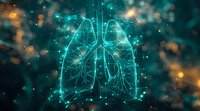Futuristic digital visualization of human lungs with glowing teal network connections on dark background, perfect for medical technology and healthcare innovation concepts.