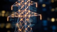 Illuminated electrical transmission tower with glowing geometric framework against dark blue bokeh background for energy infrastructure concepts.