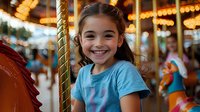 Young girl with bright smile wearing blue t-shirt enjoying carousel ride at amusement park with festive lights and colorful decorations in background creating magical atmosphere.