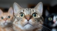 Adorable tabby kitten with bright green eyes and white chest markings looking directly at camera with curious expression surrounded by other kittens.