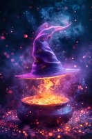 Magical witch hat floating over glowing cauldron with fire and sparkles against mystical purple nebula background, creating enchanted Halloween atmosphere.