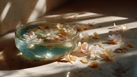Glass bowl with blue water and floating cherry blossoms in warm sunlight creating shadow patterns on wooden surface.