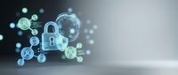 Digital cybersecurity network with glowing padlock icons and connected data protection symbols on modern gradient background for technology concepts.