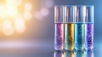 Colorful glitter particles suspended in liquid inside glass test tubes against blurred bokeh background, showcasing pink, gold, turquoise and purple sparkles.