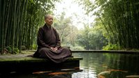Elderly Asian monk in brown robes meditating peacefully by tranquil water surrounded by lush bamboo forest creating serene spiritual atmosphere for wellness content.