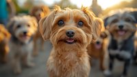 Adorable Yorkshire terrier puppy with bright blue eyes and fluffy golden fur smiling at camera while other small dogs play in background during sunset.