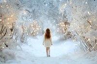 Young woman in white dress walking along snowy winter path surrounded by frost-covered branches and magical bokeh lights creating dreamy atmosphere.