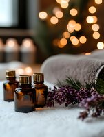 Essential oil bottles with fresh lavender sprigs on white towel against soft bokeh lights, creating serene spa atmosphere for wellness and aromatherapy marketing.