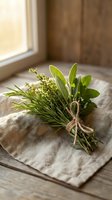Fresh herb bundle with rosemary, sage and thyme tied with twine on linen napkin near window for cooking, aromatherapy and natural wellness concepts.