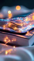 Magical glowing waves flow over open book pages with ethereal light trails and bokeh effects creating dreamy atmosphere for fantasy or educational concepts.