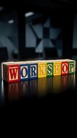 Colorful wooden alphabet blocks spelling WORKSHOP on dark surface with blurred background for business training and educational concepts.
