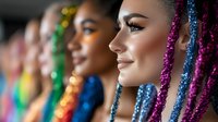 Diverse women with vibrant braided hair extensions in rainbow colors smile confidently. Side profile portrait showing modern beauty trends and multicultural fashion styles.