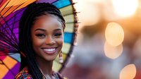 Young African American woman with braids and bright smile against colorful umbrella background with sunset bokeh lights creating warm, joyful summer atmosphere.