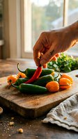 Hand picking a red chili pepper from a rustic wooden cutting board with fresh jalapenos and habaneros in a warm kitchen setting.