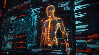 Glowing orange holographic human anatomy model surrounded by digital medical data displays and diagnostic screens in dark high-tech environment.