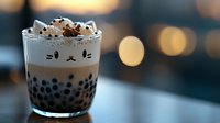 Cute cat face bubble tea with tapioca pearls and whipped cream topping in glass cup against blurred bokeh background.