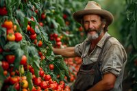 Mature bearded farmer in overalls and hat picking fresh ripe tomatoes in greenhouse. Natural organic farming and sustainable agriculture concept.