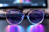 Stylish eyeglasses reflecting computer code on lenses with neon pink and blue glow, capturing digital technology and programming concept against blurred background.
