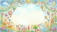Whimsical children's frame with hot air balloons, clouds, stars, moon, castle, animals and floral elements on cream background, ready for greeting cards, invitations and nursery designs.
