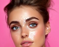 Young Caucasian woman with glowing dewy skin, bright blue eyes, and natural makeup look against pink background, showcasing modern beauty trends and skincare results.
