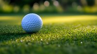 White golf ball on green grass with morning dew drops in sunlight. Close up view with natural bokeh background on golf course during sunrise.