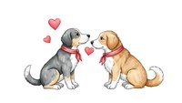 Two adorable puppies in love with pink hearts, watercolor style illustration isolated on white background for romantic pet designs and greeting cards.