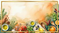 Watercolor cooking scene with fresh vegetables, herbs, olive oil, and wooden utensils arranged on warm beige background. Flat lay food styling for culinary, recipe, and kitchen design projects.