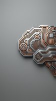 Futuristic copper circuit board brain with gears and electronic pathways on gray background for technology and artificial intelligence concepts.
