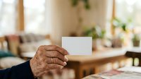 Mature person with dark skin holding blank white card in modern home interior with natural light and plants, suitable for business, greeting, or promotional messaging.