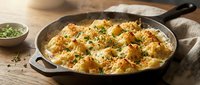 Golden baked cauliflower gratin with melted cheese and fresh herbs in cast iron skillet. Comfort food casserole perfect for family dinners and cozy meals.