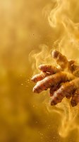Hand reaching through golden dust cloud with dramatic lighting and particle effects for creative design projects.
