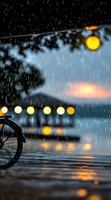Bicycle silhouette in heavy rain with bokeh lights reflecting on wet surface, moody evening atmosphere with glowing street lamps creating golden reflections.