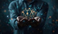 Glowing family silhouette floating above cupped hands against dark background with magical bokeh lights. Perfect for family protection, insurance, social services or healthcare concepts.