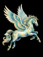 Ornate winged horse with gold and blue decorative details, isolated on transparent background. Ready for t-shirts, stickers, clipart, sublimation, and print-on-demand designs.