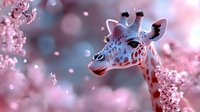 Giraffe head portrait surrounded by pink cherry blossom flowers with soft bokeh background creating dreamy spring atmosphere for nature wildlife designs.