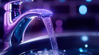 Futuristic neon faucet with glowing purple and blue lights pouring water stream, modern tech design for contemporary bathroom and kitchen concepts.