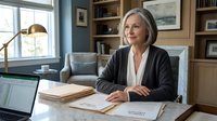 Professional mature Caucasian businesswoman in dark blazer sitting at desk in modern office with books and documents, confident executive portrait.