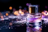 Elegant perfume bottle with purple liquid on dark reflective surface against blurred bokeh lights background, luxury cosmetic product photography.