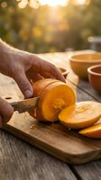 Adult male hand slicing fresh orange on wooden cutting board in sunlit kitchen setting. Food preparation and cooking concept for culinary, recipe, and healthy eating content.
