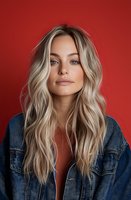 Young woman with long wavy blonde hair wearing denim jacket poses against red background. Natural makeup and confident expression create modern fashion portrait.