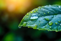 Fresh morning dew drops on green leaf surface create natural lens effect with bokeh background, showcasing nature's purity and environmental freshness.