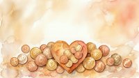 Heart-shaped wooden bowl filled with golden coins on watercolor background. Wealth, savings, financial success and prosperity concept for business design.