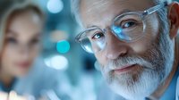 Senior Caucasian male professional with gray beard and transparent glasses smiling confidently in modern office environment with blue bokeh background and female colleague.