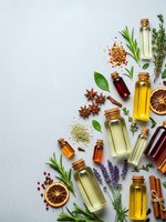 Natural essential oil bottles with herbs spices and dried citrus arranged on white background for aromatherapy wellness and organic skincare products.