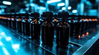 Dark glass bottles on production line illuminated by blue industrial lighting. Manufacturing facility with rows of pharmaceutical or cosmetic containers in modern factory setting.