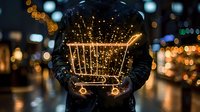 Glowing shopping cart silhouette with magical sparkles held in hands against blurred city lights background, representing digital commerce and retail innovation.