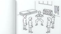Fitness instructor leading group exercise class in gym with equipment, black line art illustration on white background for coloring book pages.