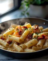 Steaming rigatoni pasta with shrimp and sun-dried tomatoes in creamy sauce, garnished with fresh herbs, served in dark pan with natural window lighting.