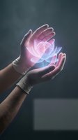 Hands holding glowing neon flower with pink and blue light effect against dark background, representing innovation, technology, and creative energy for design projects.